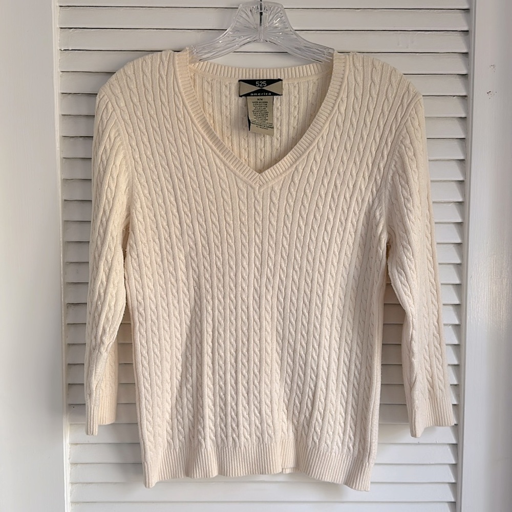 525 America Cable-knit V-neck Cream Sweater, EUC, Size M